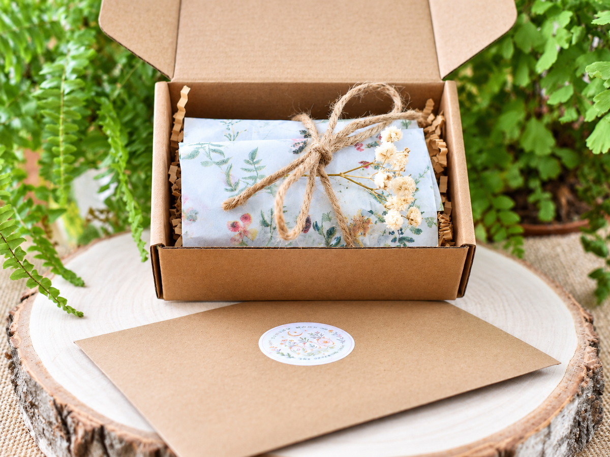 Yarrow Moon Offering Jars gift presentation with wrapped contents, kraft packaging and botanical details.