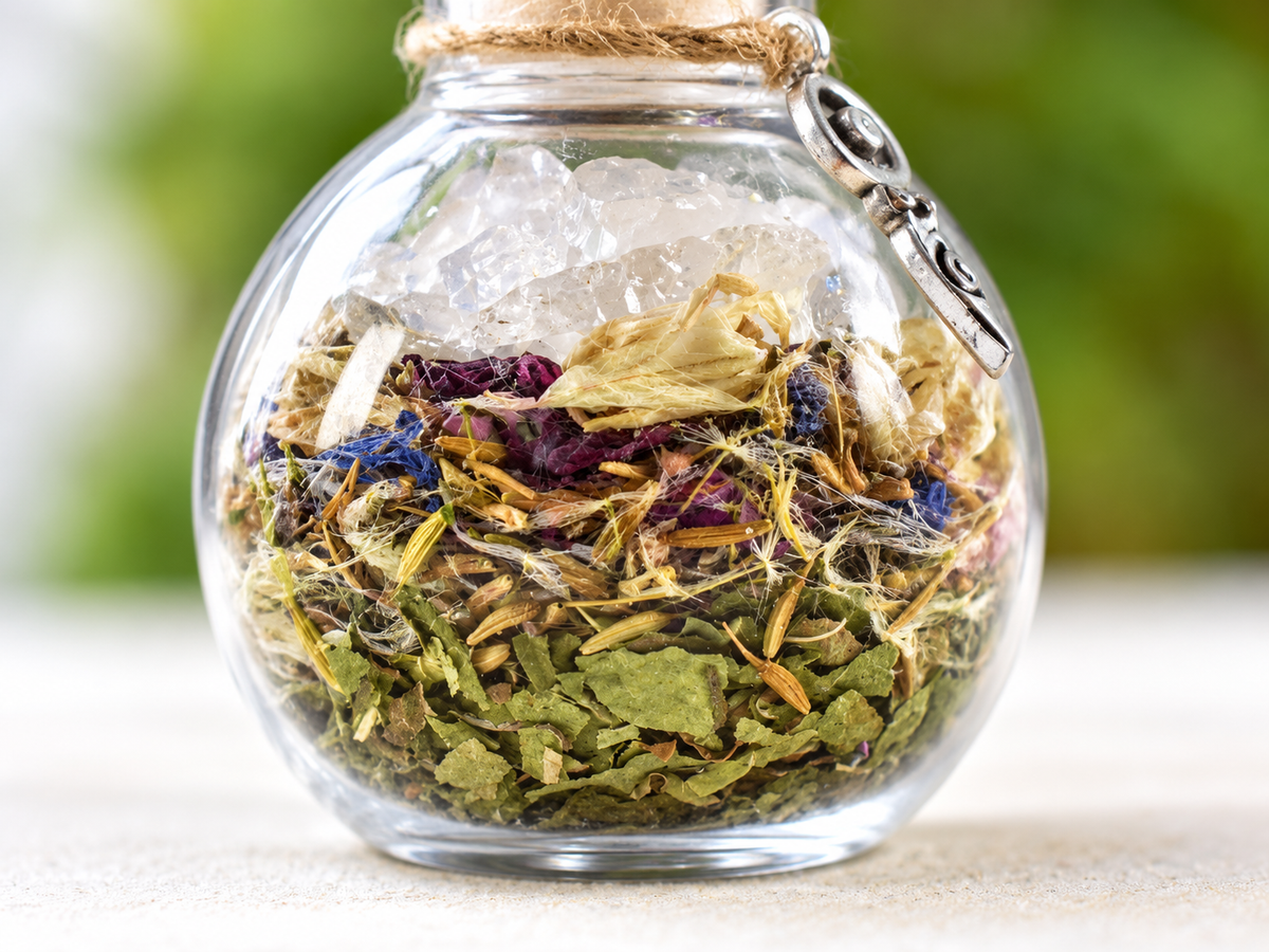 Close-up detail of a Yarrow Moon Offering Jar showing its layered materials and handmade finish.