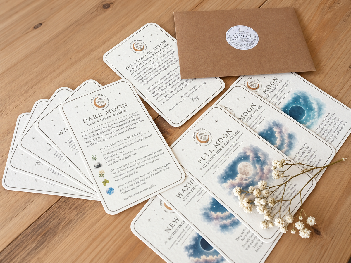 Yarrow Moon Moon Collection packaging with sage tissue, branded seal and dried flowers.