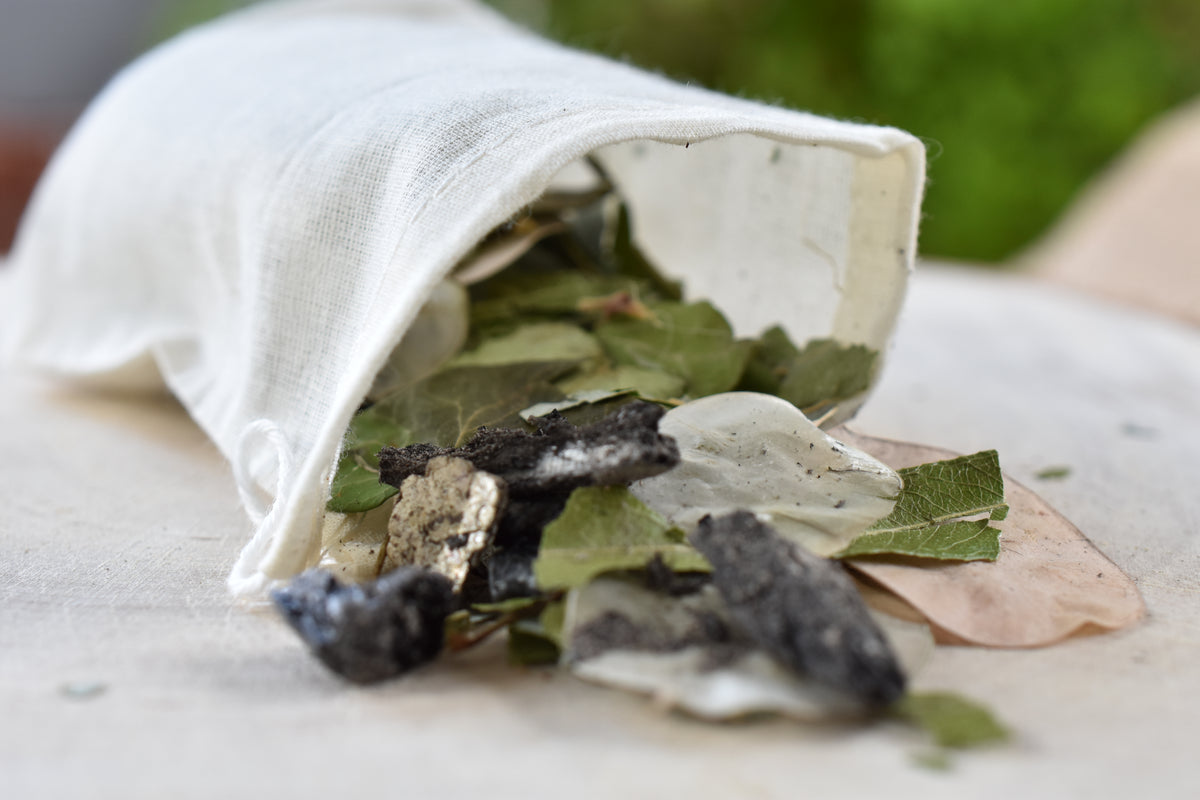 Close-up of The Moth Familiar Pouch showing its natural materials and handmade details.