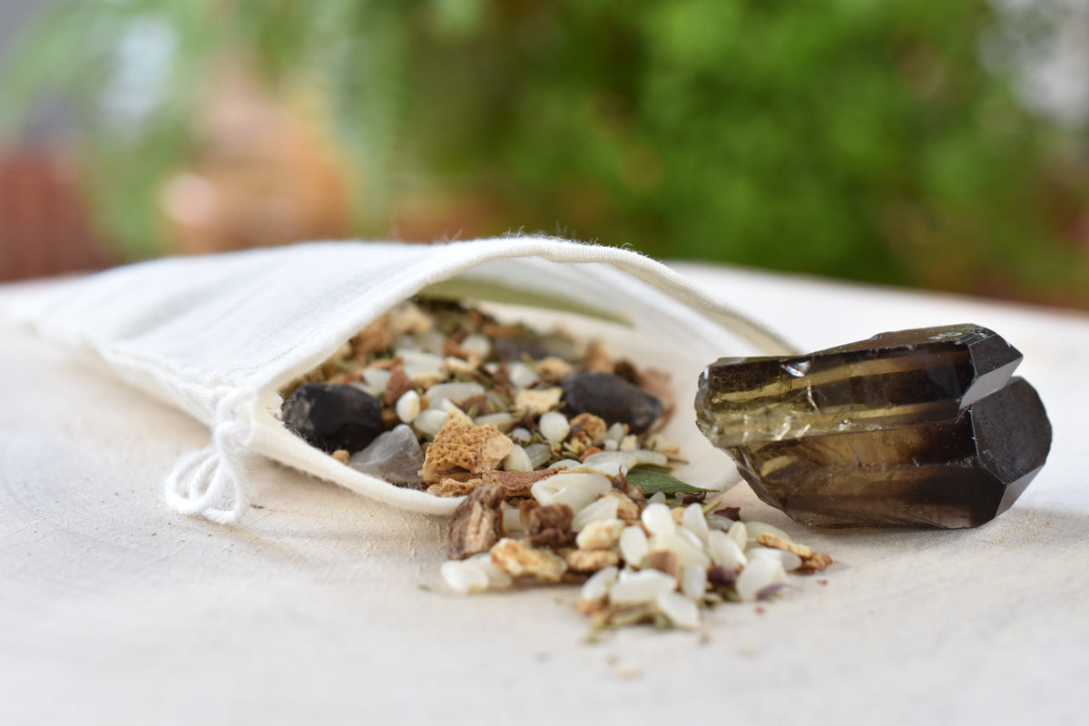 Close-up of The Spider Familiar Pouch showing its natural materials and handmade details.