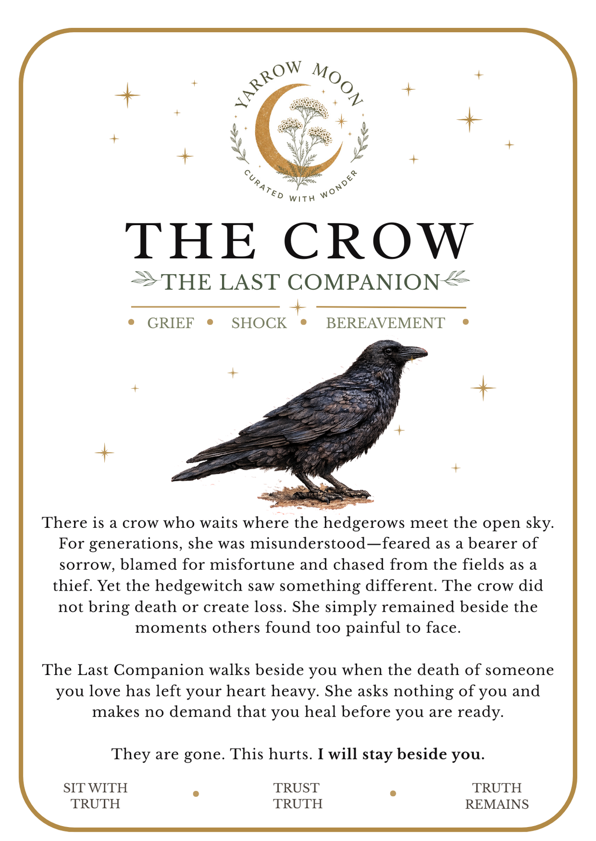 Illustrated Yarrow Moon card for The Crow — The Last Companion Familiar.