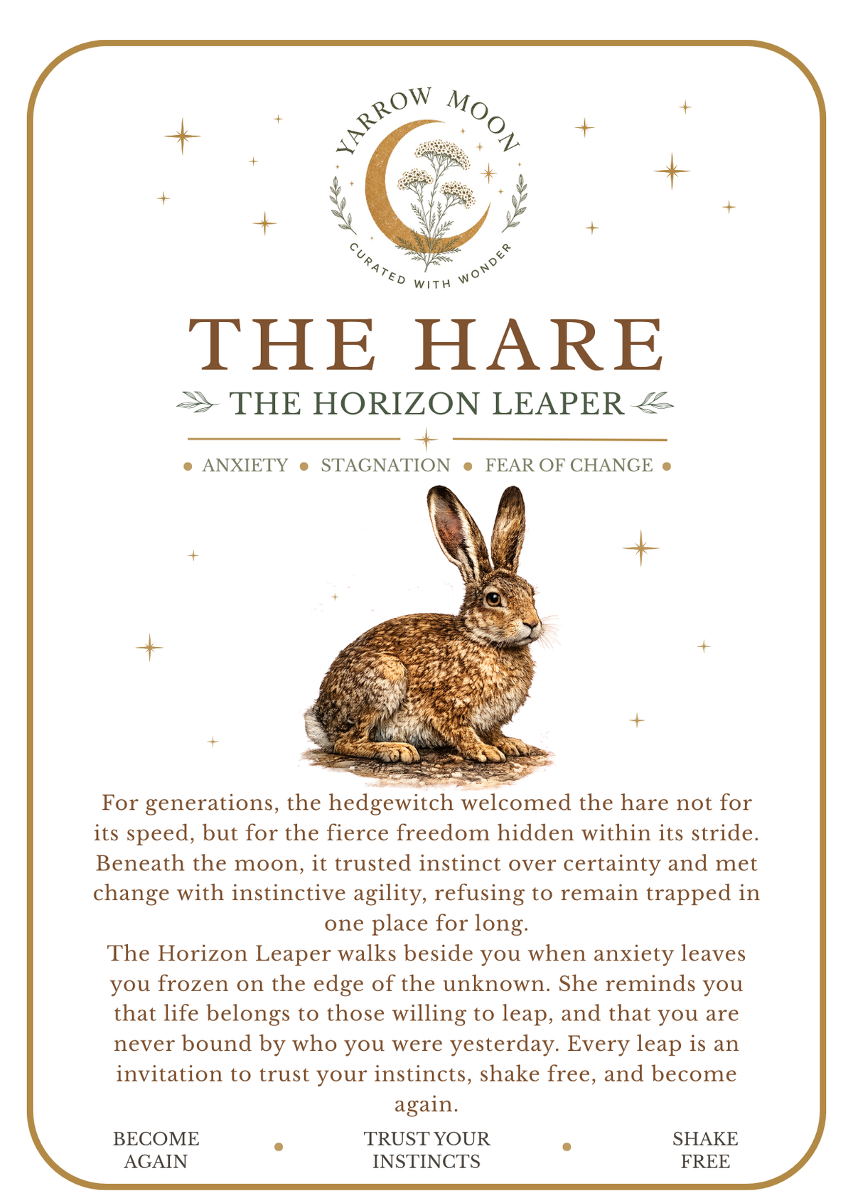 Illustrated Yarrow Moon card for The Hare — The Horizon Leaper Familiar.