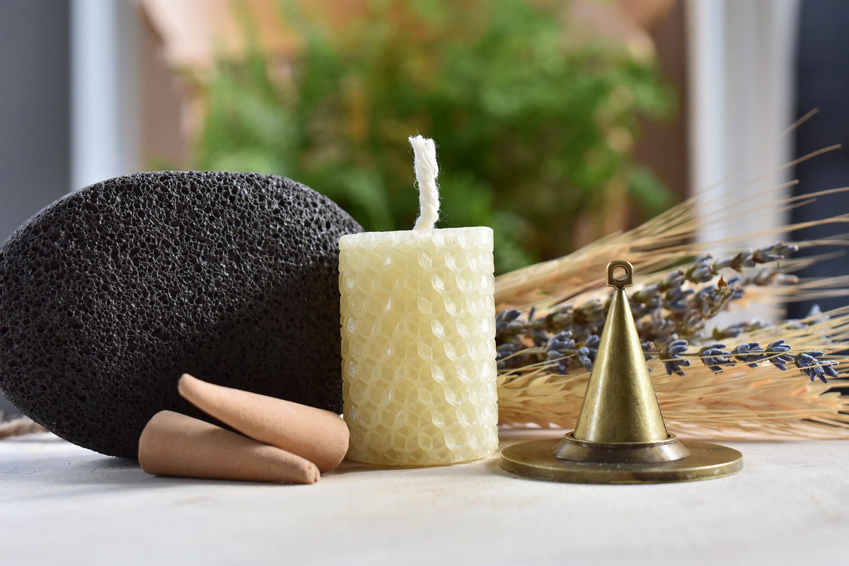 Complete Wellspring bath ritual with lavender and wheat bundle, candle, incense and pumice stone.