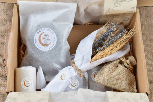 Wrapped Wellspring Bath Ritual Kit presentation box by Yarrow Moon.