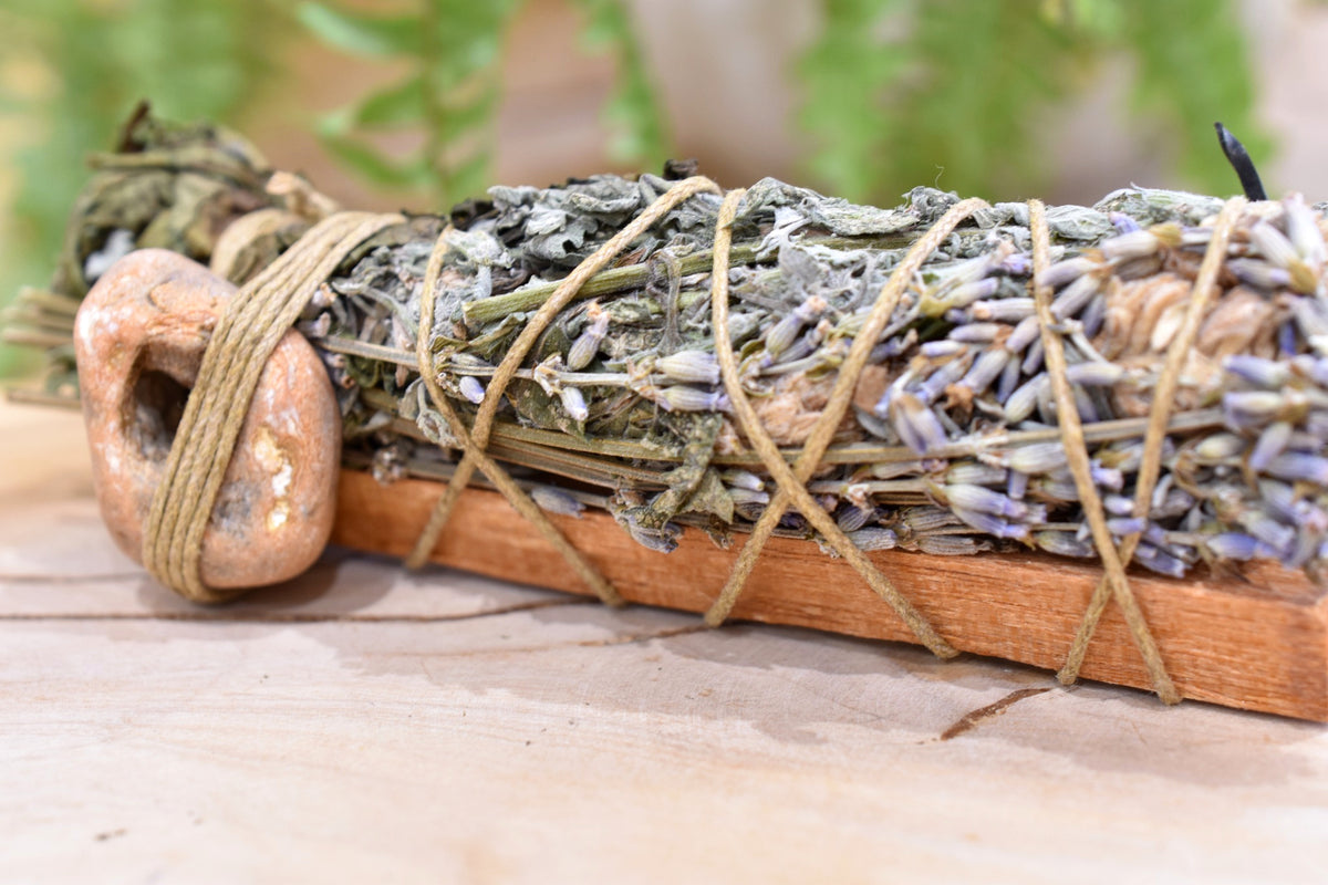 Guardian’s Wand handmade ritual bundle with natural South Coast hag stone