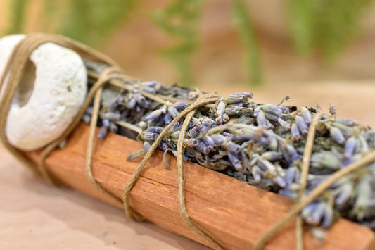 Guardian’s Wand handmade by Yarrow Moon with lavender, catnip, dandelion, Palo Santo and hag stone