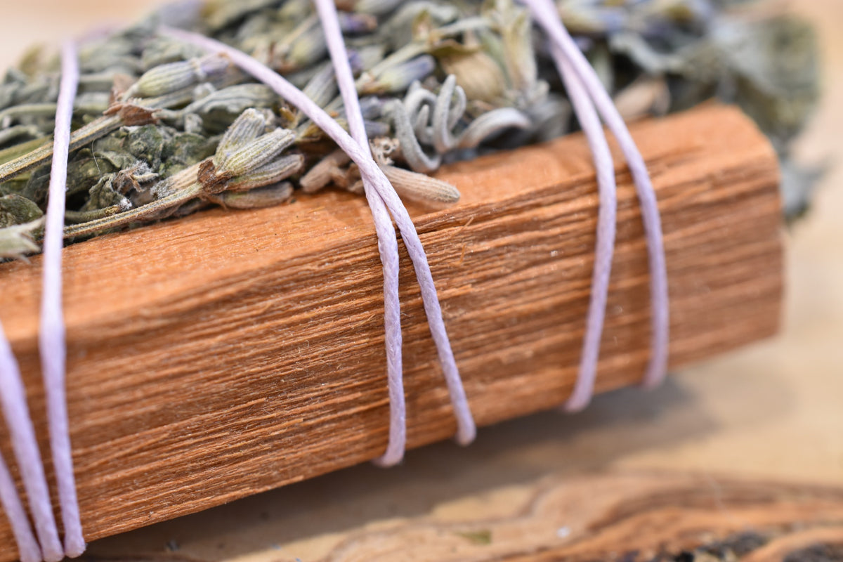Moon Ward Wand handmade ritual bundle with Palo Santo, selenite, lavender, dandelion and catnip