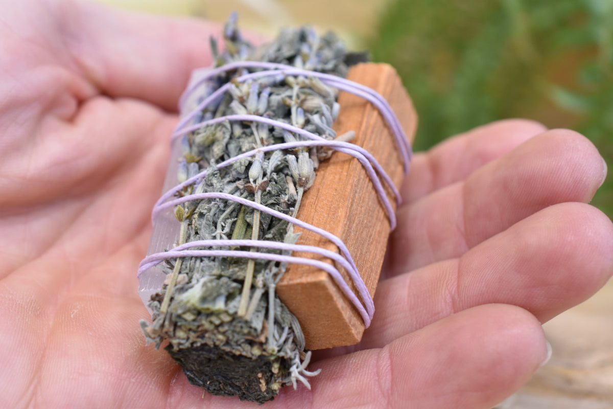 Moon Ward Wand botanical detail showing the hand-bound dried plant bundle