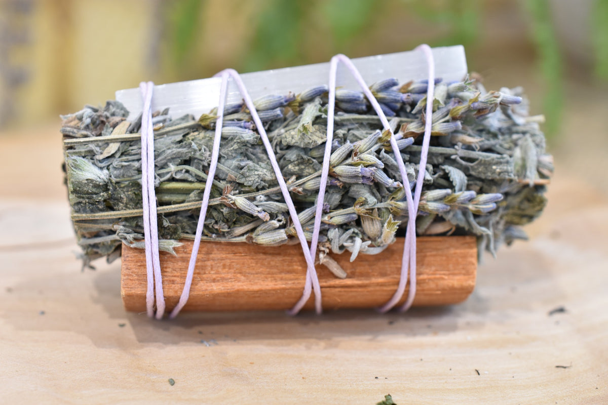 Moon Ward Wand handmade by Yarrow Moon with dried botanicals, Palo Santo and selenite