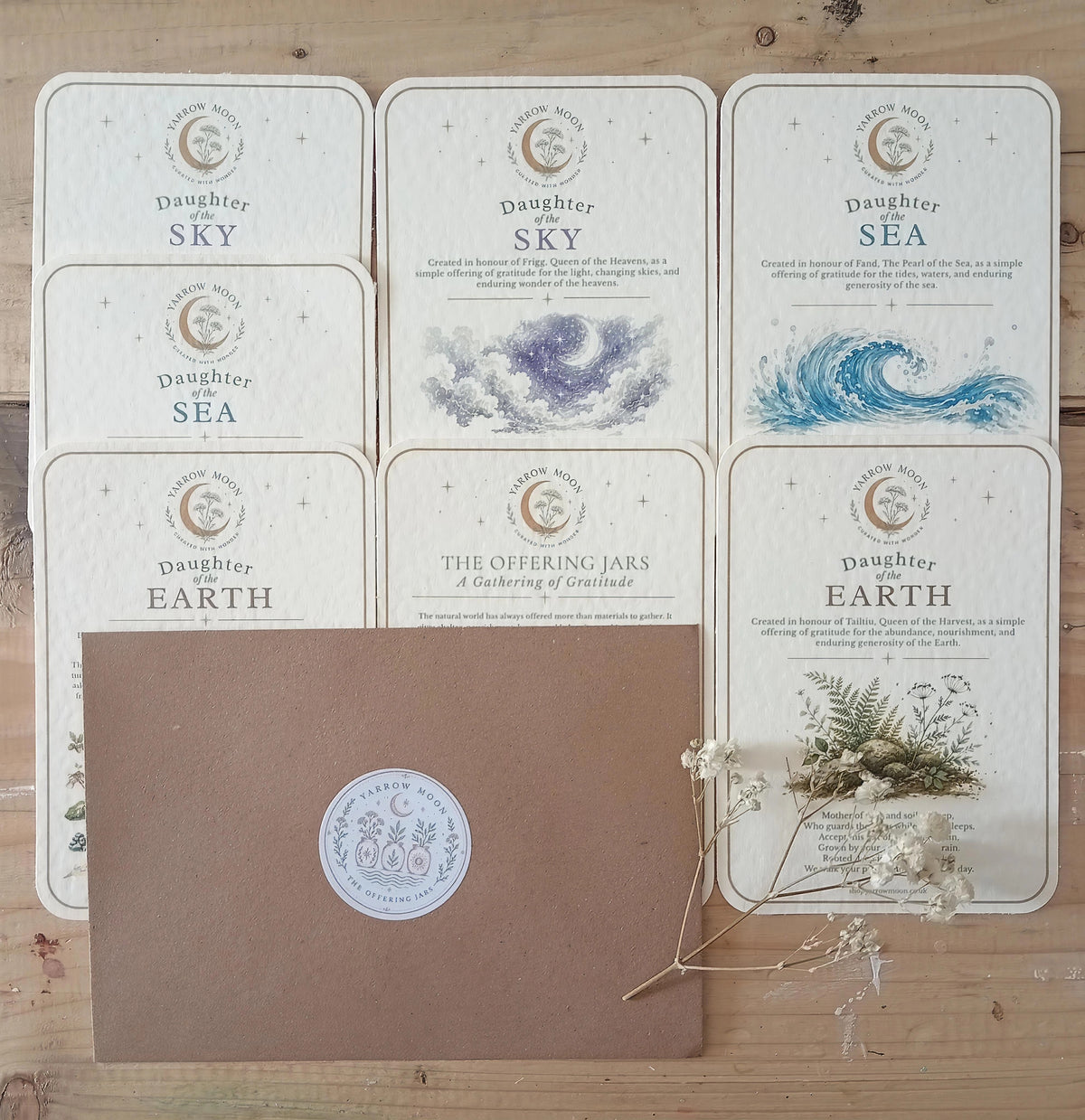Yarrow Moon Offering Jars illustrated product cards, Herbarium cards, master card and kraft envelope.
